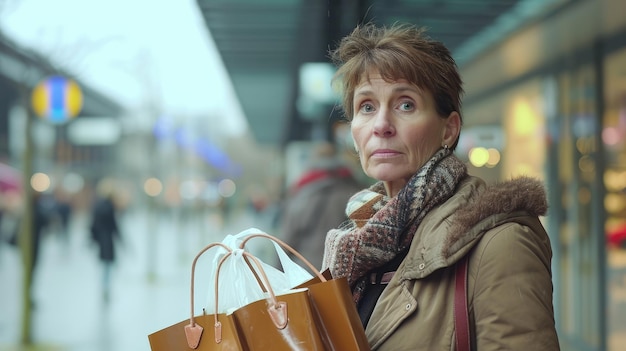 Uma mulher de meia-idade com uma bolsa de compras cheia de roupas de design caras, mas com um toque de