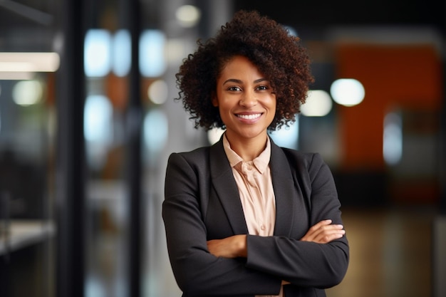 Uma mulher de negócios afro-americana sorridente com os braços cruzados.