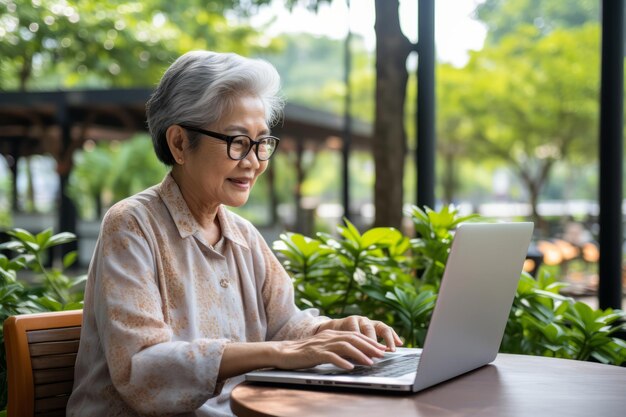 Uma mulher de negócios asiática de meia-idade usa um laptop enquanto está sentada em um café