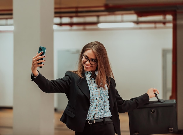 Uma mulher de negócios atraente de terno uma maleta tirando uma foto para redes sociais com um smartphone Foco seletivo Foto de alta qualidade