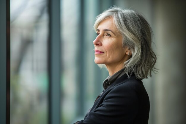 Foto uma mulher de negócios de meia-idade com perfil lateral completo parecendo um fundo de escritório diplomático