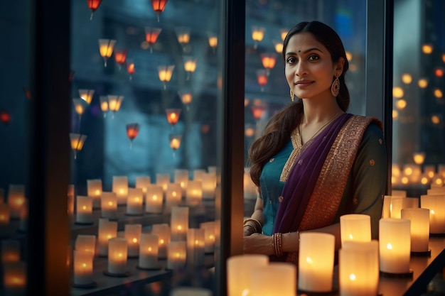Uma mulher de negócios em uma roupa tradicional indiana está de pé do lado de fora de seu edifício de escritório que é decorado com luzes festivas