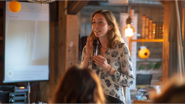 uma mulher de negócios está de pé na frente de um participante explicando e apresentando