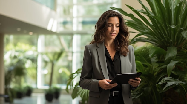 Foto uma mulher de negócios focada em casual de negócios sob medida com um tablet digital na mão gerado por ia