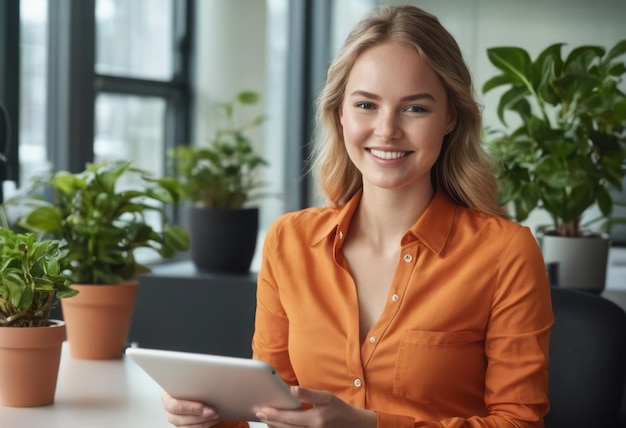 Uma mulher de negócios focada usa um bloco digital em um ambiente de escritório sua blusa laranja sinaliza ambos