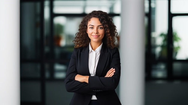 Uma mulher de negócios incrível e alegre de pé com os braços cruzados.