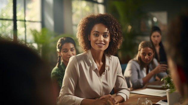 Uma mulher de negócios inspiradora dos anos 50 capacita uma equipa multicultural numa reunião dinâmica numa sala de reuniões