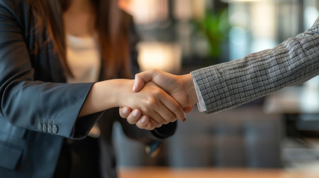 Foto uma mulher de negócios negociando um acordo com um aperto de mão em um ambiente corporativo representando a arte da negociação e da diplomacia em transações comerciais
