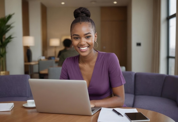 Uma mulher de negócios noiva trabalha em um laptop em casa seu top roxo e sorriso radiante retratam um