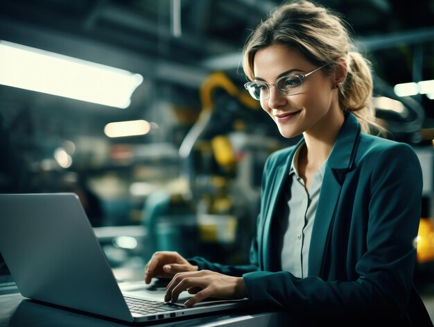 Foto uma mulher de negócios olhando para um laptop em um escritório ou oficina