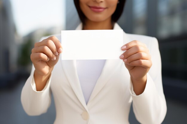 uma mulher de negócios segurando um cartão em branco
