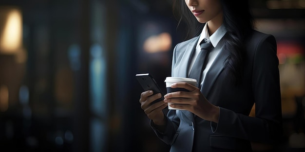 uma mulher de negócios tem um telefone inteligente na mão no estilo de detalhes borrados