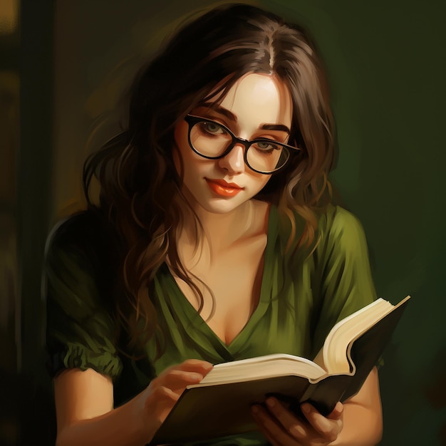 Uma mulher de óculos a ler um livro com uma camisa verde.