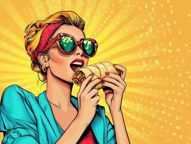 uma mulher de óculos de sol está comendo um sanduíche com as palavras a palavra nele