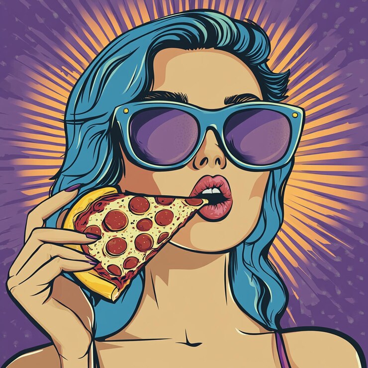 uma mulher de óculos de sol está comendo uma pizza com uma foto de uma mulher vestindo uma camisa azul