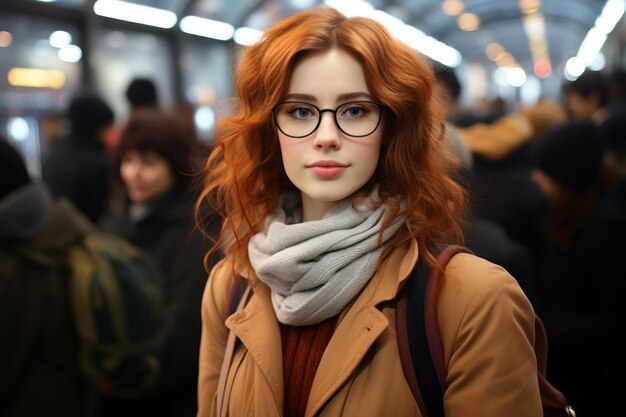 uma mulher de óculos e cachecol em uma estação de metrô