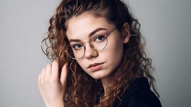 Uma mulher de óculos e camisa preta está posando para uma foto.