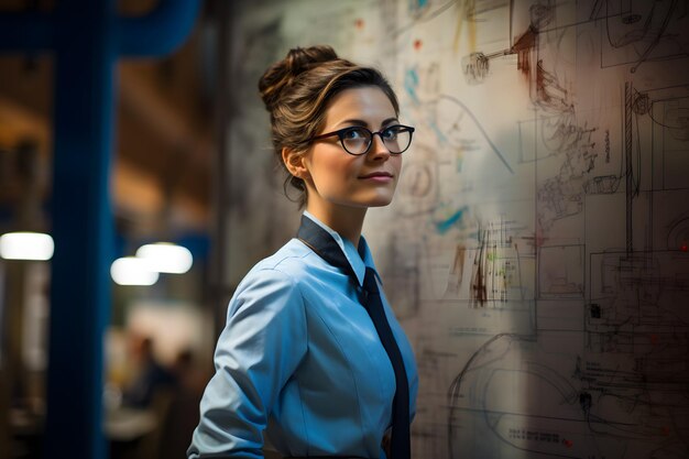 Uma mulher de óculos e uma camisa azul de pé na frente de uma parede com um mapa de IA generativa