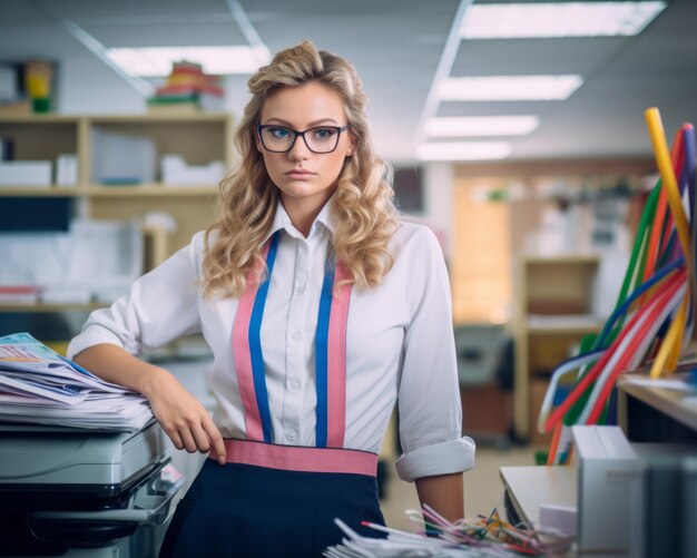 uma mulher de óculos em pé na frente de uma pilha de papéis