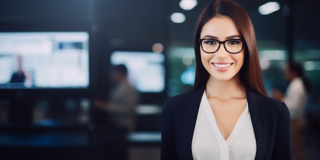 Uma mulher de óculos está em frente a uma tela de computador.