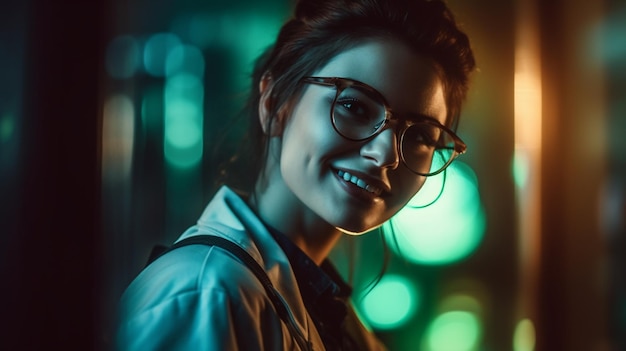 Uma mulher de óculos está em um quarto escuro com uma luz verde atrás dela.