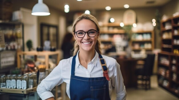 Uma mulher de óculos está em uma cafeteria com uma placa que diz 'café'
