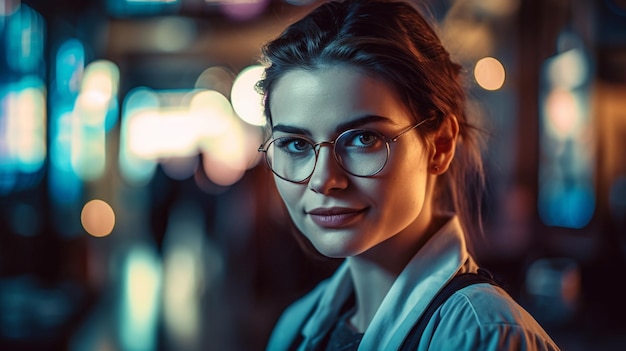 Uma mulher de óculos está em uma rua escura à noite.