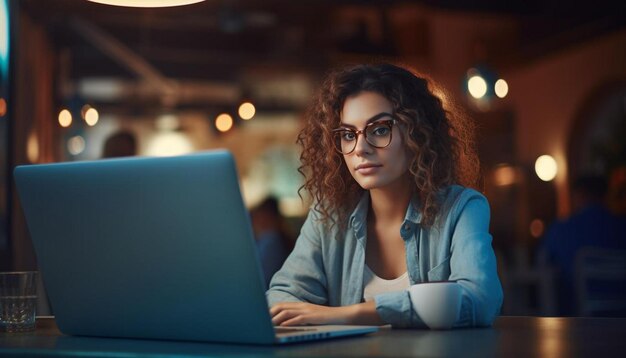 Foto uma mulher de óculos está olhando para um laptop e bebendo café