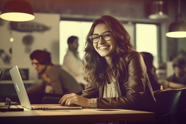 Uma mulher de óculos está sentada em uma mesa com um laptop na frente dela.