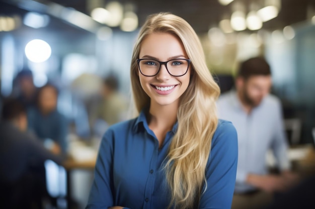 Uma mulher de óculos está sorrindo com um homem ao fundo.