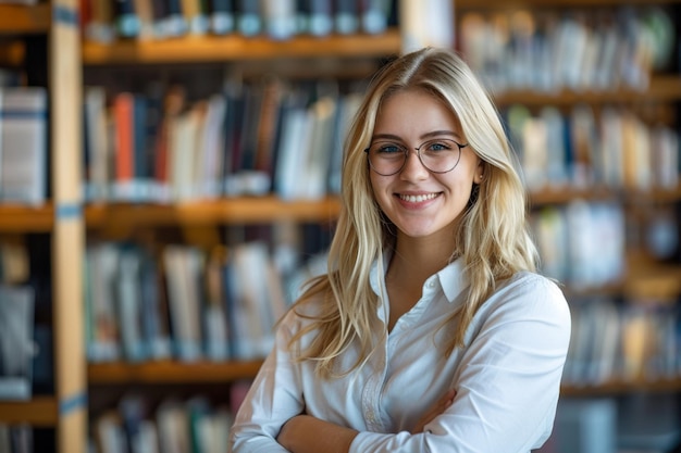 Foto uma mulher de óculos está sorrindo na frente de uma estante