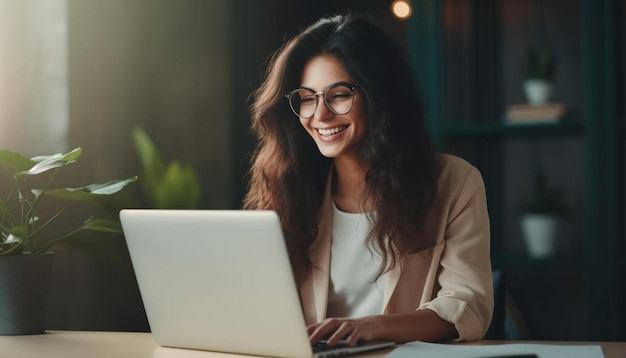 Foto uma mulher de óculos está trabalhando em um laptop