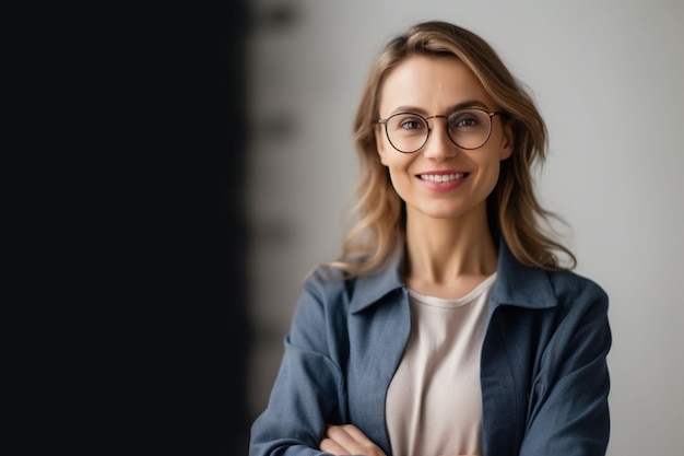 Uma mulher de óculos fica na frente de um quadro-negro