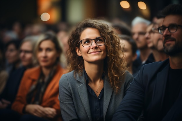 Uma mulher de óculos fica na frente de uma multidão de pessoas.