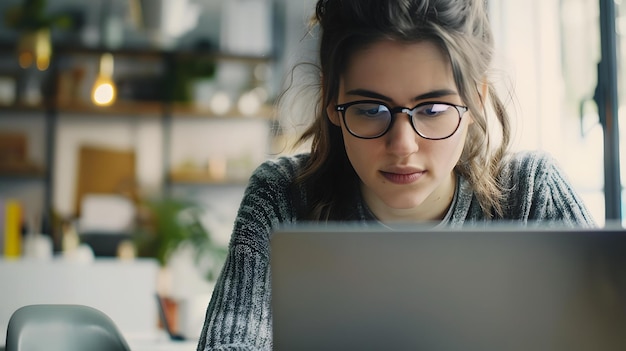 uma mulher de óculos olha para uma tela de laptop