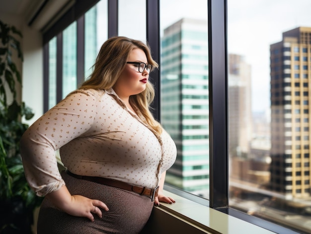 Foto uma mulher de óculos parada perto de uma janela com uma paisagem urbana ao fundo