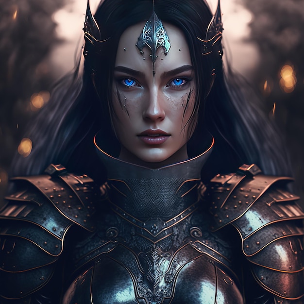 Uma mulher de olhos azuis e capacete prateado com um dragão na testa.