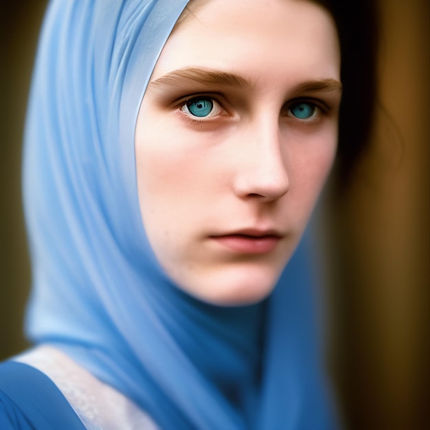 Uma mulher de olhos azuis está usando um hijab azul.