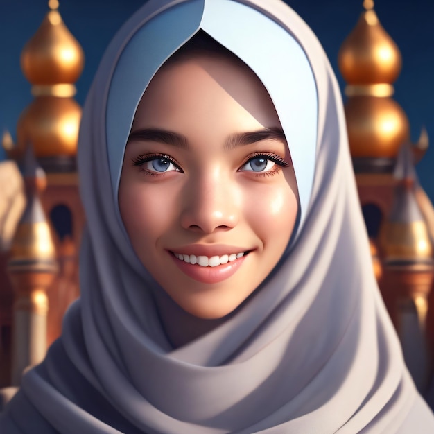 Uma mulher de olhos azuis vestindo um hijab