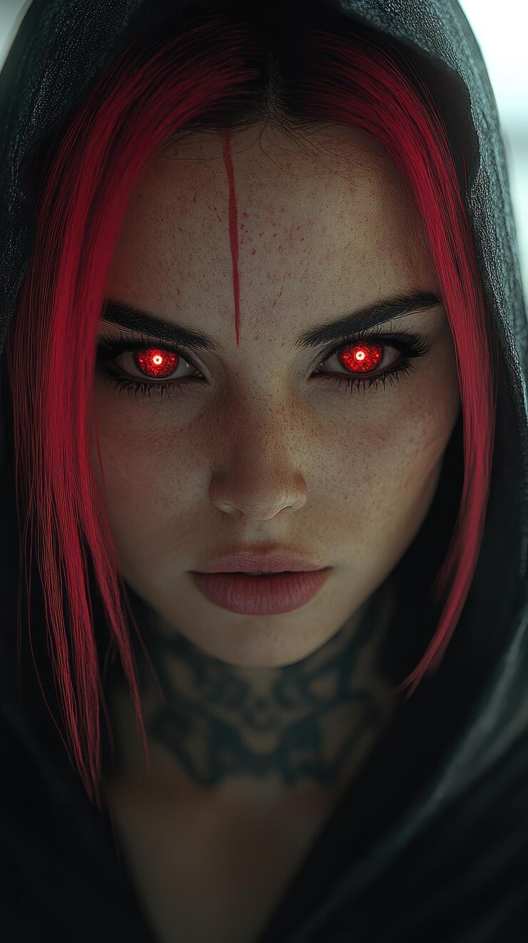 Foto uma mulher de olhos vermelhos e um capuz preto com olhos vermelhos