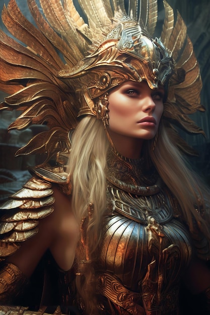 Uma mulher de ouro com uma coroa de ouro e um cocar de ouro.