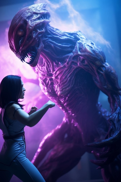 Foto uma mulher de pé ao lado de uma criatura gigante.