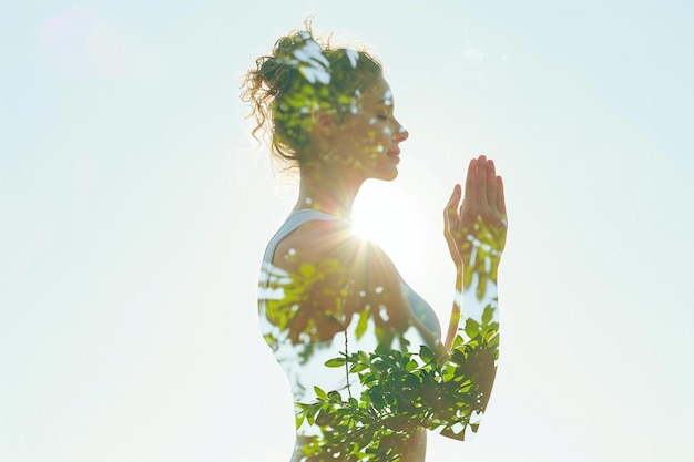 uma mulher de pé ao sol com as mãos juntas