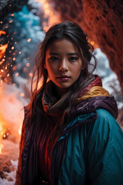 Uma mulher de pé em frente a uma fogueira