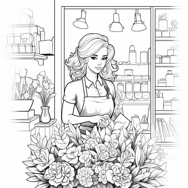 uma mulher de pé em frente a uma loja de flores com um bouquet generativo ai