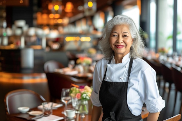 uma mulher de pé em frente a uma mesa em um restaurante