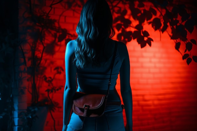 uma mulher de pé em frente a uma parede de tijolos com luzes vermelhas e azuis