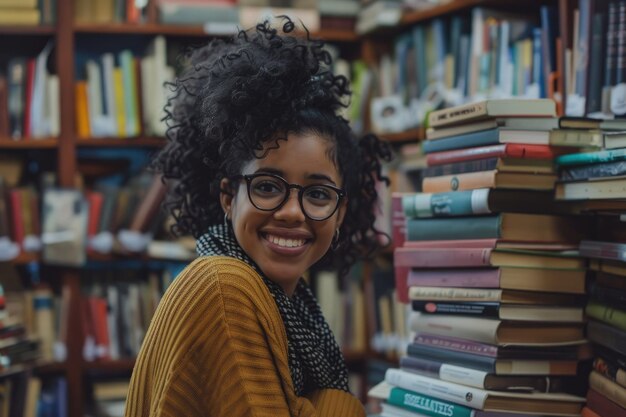 Uma mulher de pé em frente a uma pilha de livros