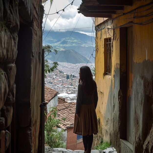 Foto uma mulher de pé em um caminho de pedra entre edifícios