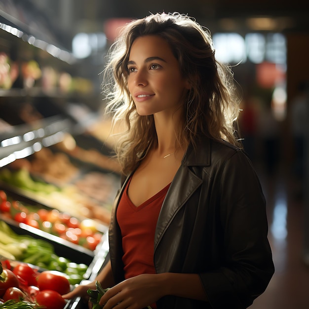 Uma mulher de pé em um supermercado empurrando um carrinho de compras à luz do dia